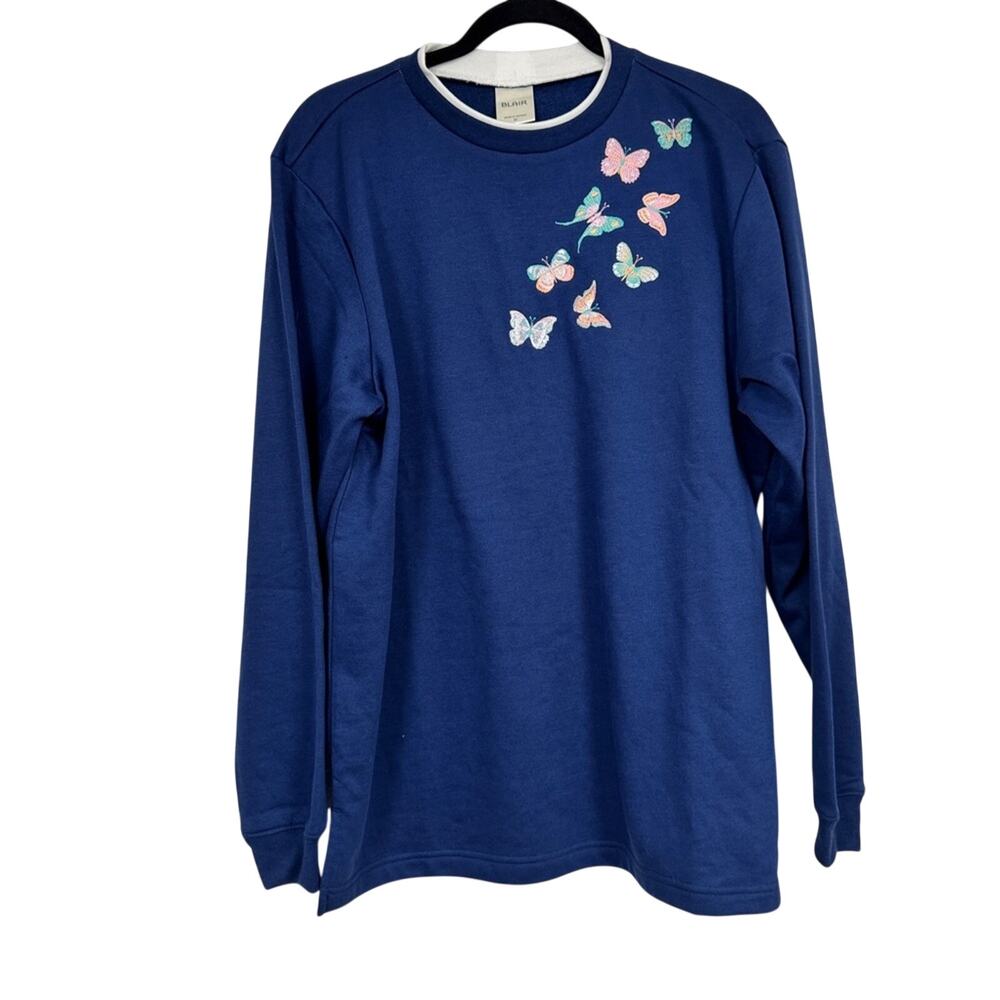 Blair Blue Butterfly Embroidered Sweatshirt Womens M Grandma Core Casual Cozy